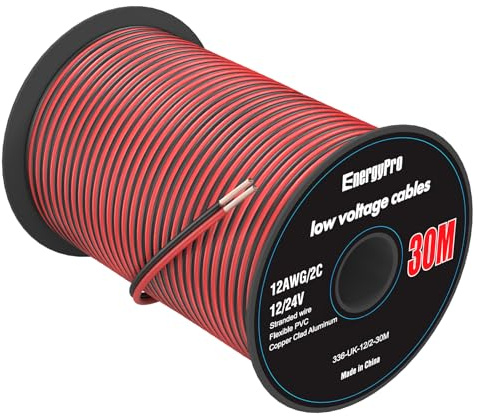 EnergyPro 12AWG 3.3mm² Electrical Wire 30m (15 Red + 15 Black) - 12V/24V DC Hookup Cable, CCA Stranded Low Voltage Wire for LED Strip, Automotive, Boat, Solar Panel