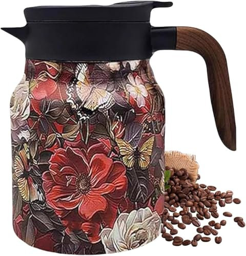 Vintage Floral Pattern Insulated Thermal Teapot, 800 ml Stainless Steel Tea Thermos, Teapot with Infuser for Hot Tea and Cold Drinks, Tea and Coffee Jug (Red)