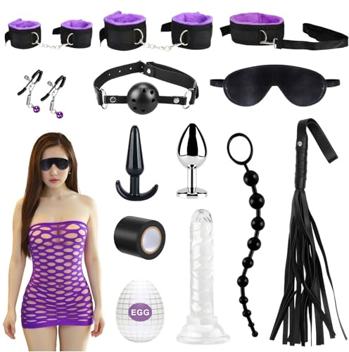 Ninonly Kit Bondage BDSM SM 14 Pièces Adultes Violet | Parfait pour Débutants, Menottes SM avec Masque pour Yeux, Sex Toys Erotiques pour Couple