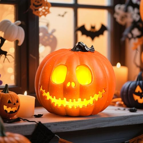 Halloween LED Kürbis Laterne Für Outdoor Innen, Halloween Deko Herbst Kürbis Figuren, 20cm Herbstdeko Pumpkin Laterne, Kürbisse Deko LED Licht Tischdeko Herbst Dekoration Statuen Windlicht (B)