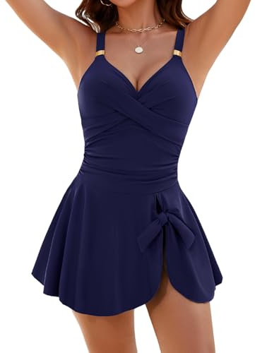 FemiChic Bañadores Mujer Reductores Sexy Escote en V & Push Up con Relleno & Moldeador Traje de Baño Una Pieza Cintura Alta para Playa Piscina(Azul Marino,XL)