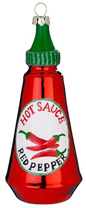 Christbaumschmuck Glas 12,3cm - Flasche Chilisauce Figur zum Aufhängen - handbemalt - Weihnachtsbaum Anhänger für Weihnachten - Christbaumanhänger & Weihnachtsbaumschmuck - Essen Soße Rot Grün