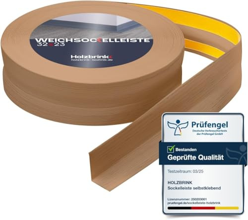 HOLZBRINK Weichsockelleiste selbstklebend PVC 32x23mm, 50 m (2x25m) | Küchenleiste Arbeitsplatte | Abschlussleiste selbstklebend für Badezimmer | Farbe: Eiche hell