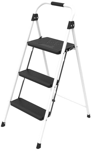 Azuma 3 Step Steel Ladder – White – with Anti-Slip Handrail, Wide Top Platform, Folding Design, Powder-Coated Frame – Ideal for Home, DIY, Decorating, Garage – EN14183 Certified