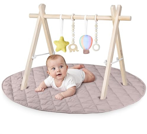 Lionelo Anis Set Baby Gym mit klappbarem Holz-Spielbogen & abnehmbaren Spielzeugen, große 100 cm Krabbel- & Spieldecke aus Baumwolle, 2 cm weich & rutschfest, Montessori Spielmatte für Babys