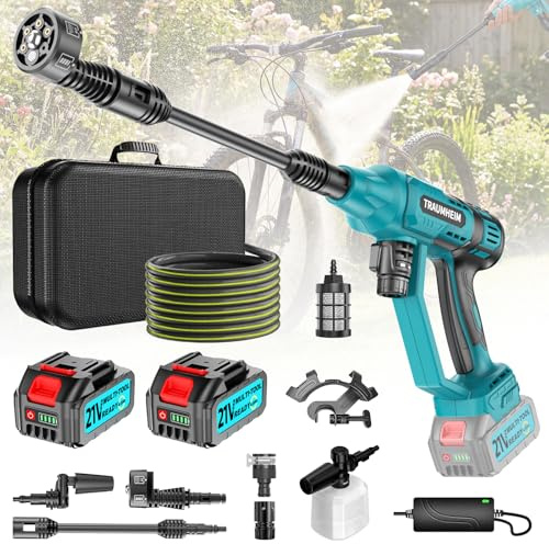 Akku Hochdruckreiniger, Pressure Washer 4-Gang-Modus Max 150Bar, Hydro Blast, Multifunktionale Mobiler Hochdruckreinige mit 2x4.0Ah Batterien, 6-in-1 und 180° Drehbare Düse für Autos,Terrasse, Garten