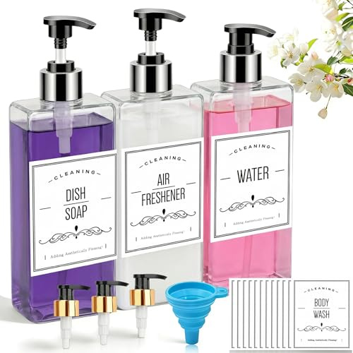 3 Stück Seifenspender Kunststoff Shampoo Flaschen zum Befüllen 500ML | Duschgel Spender Pumpspender mit Wasserdichten Etiketten und Trichter für Küche Badezimmer Spülmittelspender