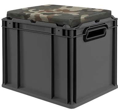 PROREGAL Eurobox NextGen Seat Box Camouflage | HxBxT 36,5x30x40cm | 30 Liter | Griffe offen | Schwarz | Eurobehälter, Sitzbox, Transportbox, Transportbehälter, Stapelbehälter