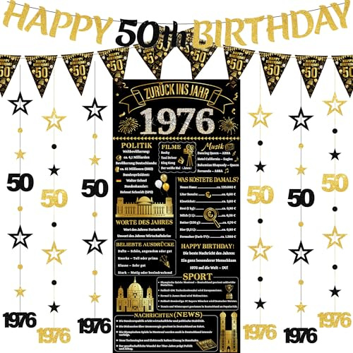 Deko 50 Geburtstag Mann Frau - 9 StüCk Schwarz Gold Geburtstagsdeko | Happy 50th Geburtstag Banner Hintergrund Girlande Hanging Streamer für Männer Frauen 50 Jahre Party Dekoration