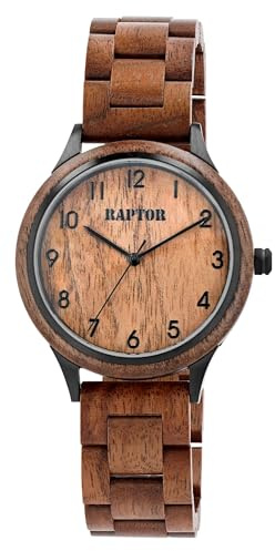 Raptor Damen Armbanduhr Analog in Braun, Gesamtlänge 23.5 cm, Walnussholzarmband – Spritzwassergeschützt