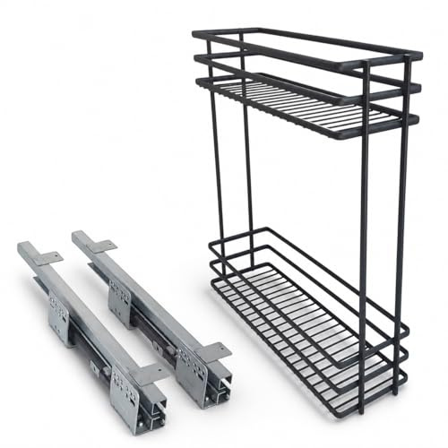 Küchen-Unterschrank Auszug 150mm LINKS – Schrankauszug mit Soft-Close & Vollauszug – 2 Ebenen, Anthrazit, 15kg Tragkraft