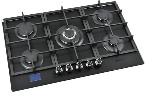 Gasherd, Gaskochfeld 5 Flammig, Einbau-Gaskocher für Zuhause & Wohnmobil, DIGITALER GAS-STOP-TIMER, Gasherd für Propan- und Erdgas, Gas-Herdplatte mit Wok Brenner