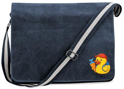 Huuraa Umhängetasche Quietscheente Einschulung Gummiente Schulanfang 14 Liter Vintage Navy Canvas Laptoptasche Geschenkidee
