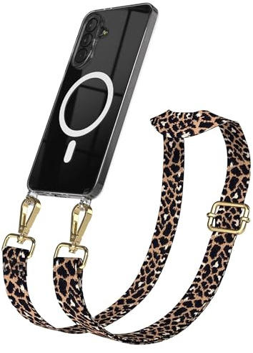 EAZY CASE Handykette - Verstellbares Taschenband kompatibel mit Galaxy A37, Schulterriemen, Handykordel mit Silikon Hülle, Qi Charging kompatibel, Umhängetasche, Leo - Schwarz Braun Gold