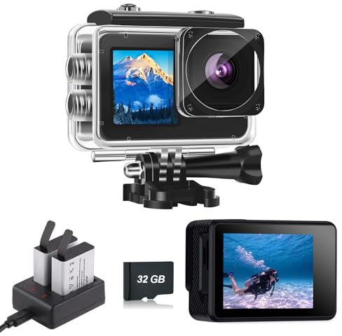 Xilecam Action Cam mit Doppeltem Bildschirm Von, bis 40mWasserdicht(Schw | Wasserdichte Kamera mit 32GB-Karte, zwei 1050mAh-Akkus. Ideal für Radfahren, Helmmontage, Tauchen und alltägliche Vlogs.
