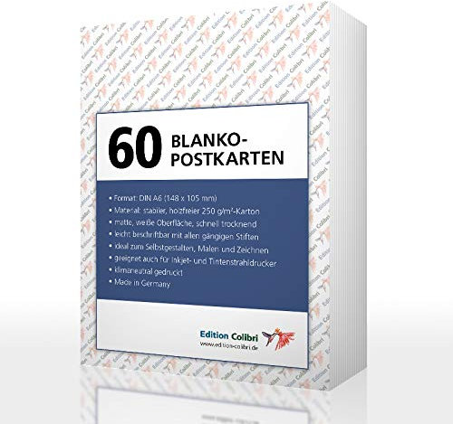 Edition Colibri 60 BLANKO-POSTKARTEN (weiss) im DIN A 6-Format: Postkarten-Set mit 60 Blanko-Karten zum Selbstgestalten, für Drucker geeignet