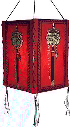 GURU SHOP Lokta Papier Hänge Lampenschirm, Deckenleuchte aus Handgeschöpftem Papier, Gebetsmühle - Rot, 28x18x18 cm