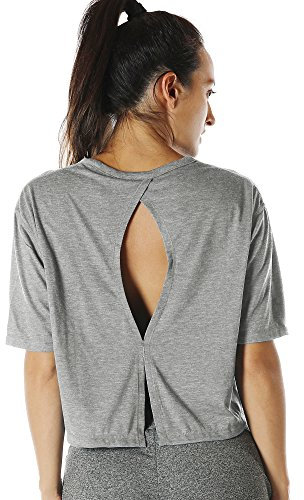 icyzone Sport T-Shirt Damen Fitness Kurzarm Shirt Rückenfrei Yoga Crop Top Oberteile Loose Fit (L, Grey)
