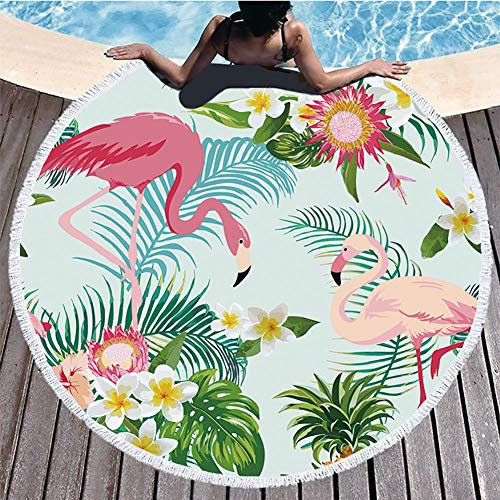 BOYOUTH Serviette de Plage Ronde, Fleurs colorées, Feuilles Tropicales, Ananas et Flamant Rose, Tapis de Plage Bleu, Super Absorbant, Serviette multifonctionnelle, diamètre 150 cm