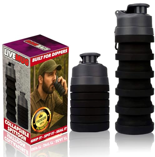 LIVEMUG Spittoon for Chewing Tobacco | Portable Spit Cup, Collapsible Silicone Dip Spitting Accessories | Spill Resistant Spitter Jug with Lid | Travel Spitune 17 Oz, Black (Black)