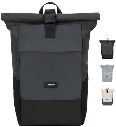 LARKSON Rucksack Herren & Damen Schwarz Grau - No 4 - Rolltop Backpack mit Laptopfach für Uni, Arbeit & Fahrrad - Großer Reiserucksack - Wasserabweisend