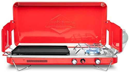 Hike Crew 2-in-1 Gas Camping Stove | Portable Propane Grill/Stove Burner w/Integrated Igniter & Stainless Steel Drip Tray | Built-in Carrying Handle, Foldable Legs & Wind Panels | Includes Regulator