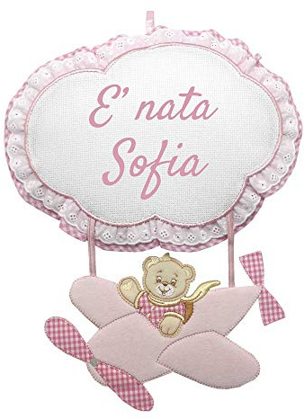 Fiocco nascita ORSETTO SU AEREO CON NUVOLA, PERSONALIZZATO -INDICA IL NOME NELL'APPOSITO SPAZIO CONSEGNA TEMPESTIVA (ROSA)