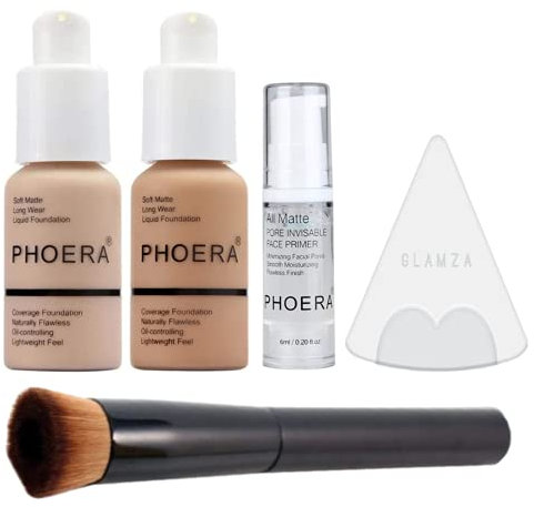 Phoera Foundation Full Coverage Make-up-Set – enthält Nude & Buff Beige 30 ml Matte Foundation, 6 ml Gesichtsprimer plus flüssiger Foundation-Pinsel und Silikon-Mixer-Schwamm für einfache Anwendung