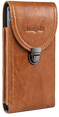Hengwin Horizontal Echtes Leder Handy Holster für iPhone 16 Pro Max 16 Plus iPhone 15 14 13 Pro Max, Gürtelclip Gürteltasche für große Handys für Samsung Galaxy S25 S24 S23 Ultra S25+ (Braun)