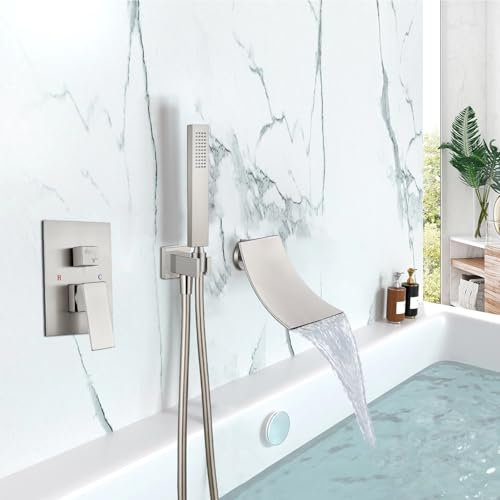 Midanya Robinet de baignoire mural en nickel brossé avec bec verseur incurvé - Débit élevé - Poignée unique