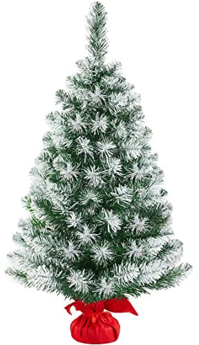 Yaheetech 2ft/3ft Frosted Tabletop Artificial Christmas Tree Portable Christmas Tree with Cement Base Xmas Holiday Decoration (3ft, White)
