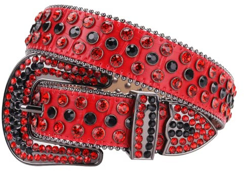 MINGSUN Strass-Gürtel für Herren und Damen, Western-Ledergürtel, funkelnd, Cowgirl-Cowboy-Gürtel mit Diamanten, Nietengürtel für Jeans, 101 Rot, fits waist from 29-31