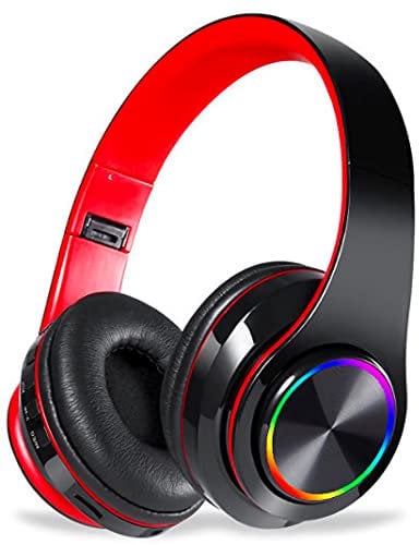 MUARRON Wireless bluetooth headphones-Colorful lights/Foldable/Large battery capacity/Built-in microphone-Bluetooth 5.0/13 m range/Stereo surround/Comfortable affixed ears (black-red1)