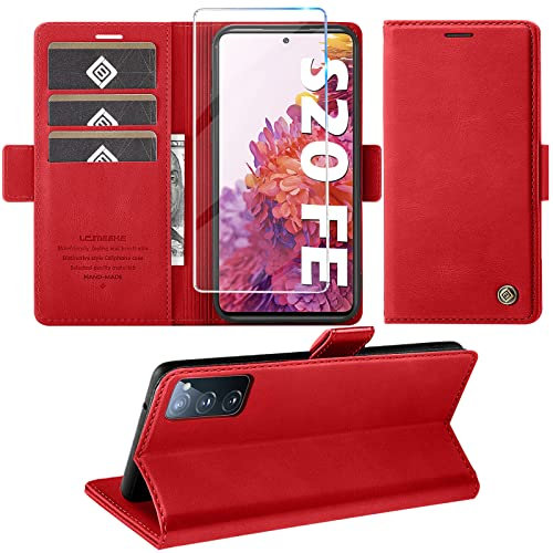 Handyhülle für Samsung Galaxy S20 FE Hülle mit Schutzfolie, Standfunktion Kartenfach Wallet Premium Leder Schutzhülle S20 FE 4G/5G Flip Case Cover Stoßfeste Klapphülle (Rot)