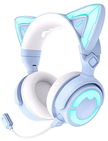 YOWU RGB Cat Ear Cuffie 4, cuffie da gioco wireless e cablate aggiornate con microfono HD collegabile, riduzione attiva del rumore, illuminazione ed effetti personalizzabili tramite APP (Blu)