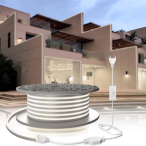 YOODI Neon LED Strip 20M, 230V LED Strip Outdoor Kaltweißes Licht LED Flexible Lichtleisten 120LED/M, PVC Schneidbare Wasserdichte IP65 Neonlichter für Indoor Outdoor, Inklusive Netzteil