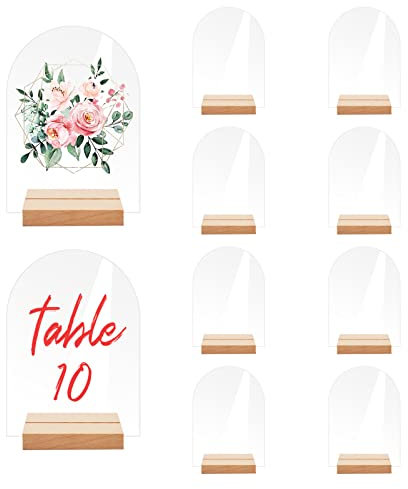 Opaltool Lot de 10 Numéro de Table Mariage en Acrylique avec Support en Bois, Panneaux Transparent Réutilisable pour Noms D'invités, Numéros de Table pour Décoration de Fête de Mariage, événement