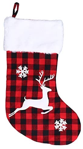 Uadme Karierter Weihnachtsstrumpf, roter schwarzer Grinch-Karierter Weihnachtsstrumpf, süße Weihnachtssocken, Geschenktüte, hängender Weihnachtsstrumpf für Weihnachtsfeier-Dekoration(Deer)