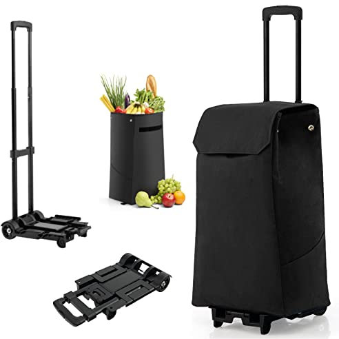 TANGZON Folding Shopping Trolley on Noiseless Wheels, 2 in 1 Lightweight Push Pull Carts with Detachable Waterproof Bag & Telescopic Handle, Grocery Trolley/Hand Truck, Max Capacity 60kg/38L (Black)