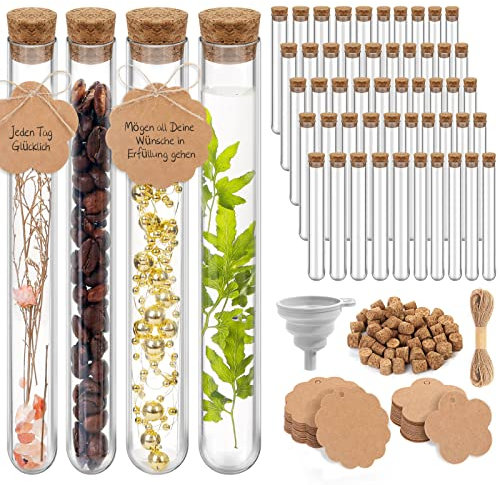 modacraft 50Stück Große Reagenzgläser mit Korken für Süßigkeiten Blumen Badesalz Gastgeschenke Hochzeit mit 25Stk. 30ml und 25Stk. 25ml Kunststoff Reagenzglas 60Stk. Anhänger 20m Juteschnur Trichter