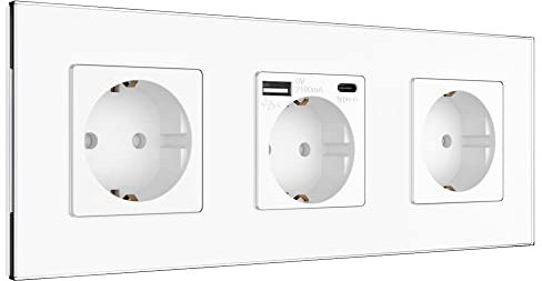 Pulsar Steckdosen mit USB Anschlüssen 3 Fach Schuko-Steckdose aus Glas mit USB Typ C Typ A Unterputz Steckdose Weiß mit Kindersicherung Flache Wandsteckdose Mehrfachsteckdose mit Steckdosenblende
