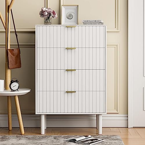 UEV Kommode mit 4 Schubladen Weiß 60cm breit, Schubladenschrank schmal, Marmoroptik-Oberseite, Beistellschrank hoch mit Kippschutz, modernes Sideboard Holz für Wohnzimmer, Schlafzimmer,Arbeitszimmer