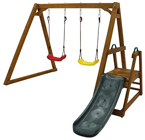 Schaukelgestell Outdoor Mit Rutsche Und Kletterleiter Für Kinder, Massivholz Doppelschaukel Schaukelgerüst, Eine Einzelne Schaukel Kann 50kg, wasserdichte Beschichtung, Für Kinder Ab DREI Jahren