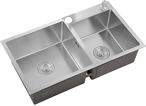 WIQUYBML Küchenspüle aus Edelstahl, Doppelwaschbecken, Einbau- oder Unterbauinstallation mit Ablaufgarnitur und Abflussrohr/Silber/75 * 40 * 20 cm