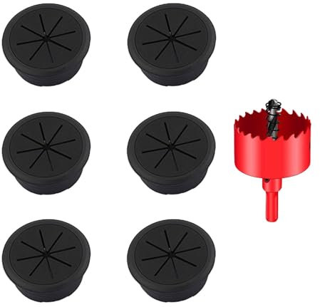 DuDuZui 6 Piezas Pasacables de Escritorio, Ojal de Escritorio de 60mm Ojal de Cable de Escritorio Cubiertas, para Cable de Mesa de Oficina y Hogar, con Sierra Perforadoras (60mm, Negro)