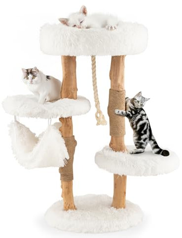 COSTWAY Arbre à Chat à 5 Niveaux 87 cm, Arbre a Chat Bois d'Poirier, 2 Poteaux à Griffer en Jute, 4 Plateformes, Hamac Détachable, Tour pour Chaton, Corde Sisal, Coussin Amovible