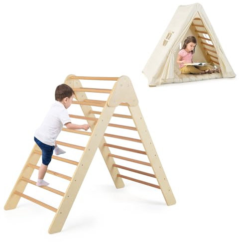 COSTWAY Kids Climbing Frame, 2 in 1 Wooden Playhouse with Soft Mat, Windows and Curtain, Toddler Activity Play Tent for Boys Girls