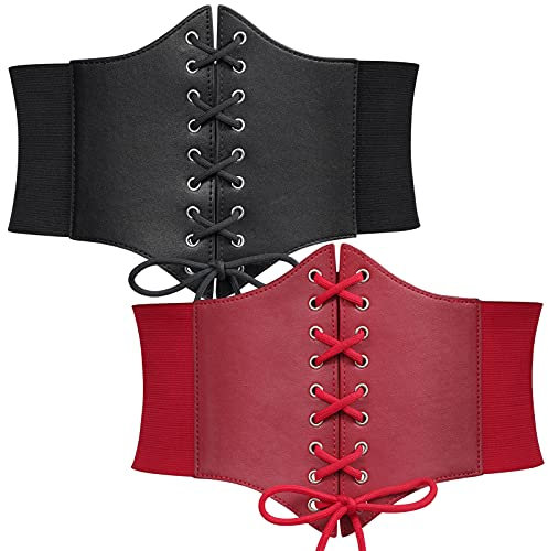 WERFORU 2 Stücke Damen Korsett Gürtel Breiter Schnürgürtel Gebundener Waspie elastische Taillengürtel Schwarz/Rot