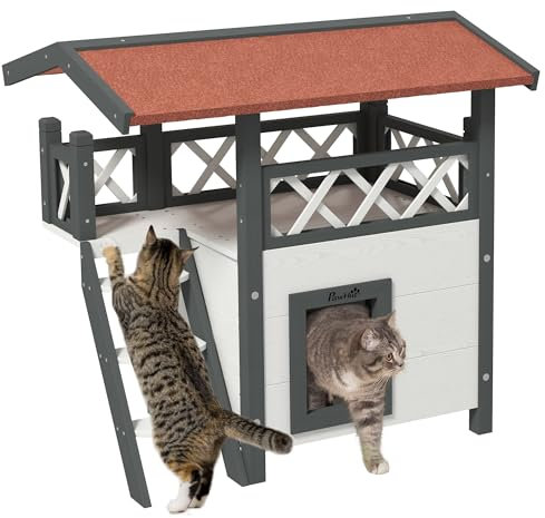PawHut Katzenhaus mit Asphaltdach, 2-stöckig, Katzenhütte mit Balkon, Katzenvilla mit Treppe, Massivholz, Weiß, 77 x 50 x 73 cm