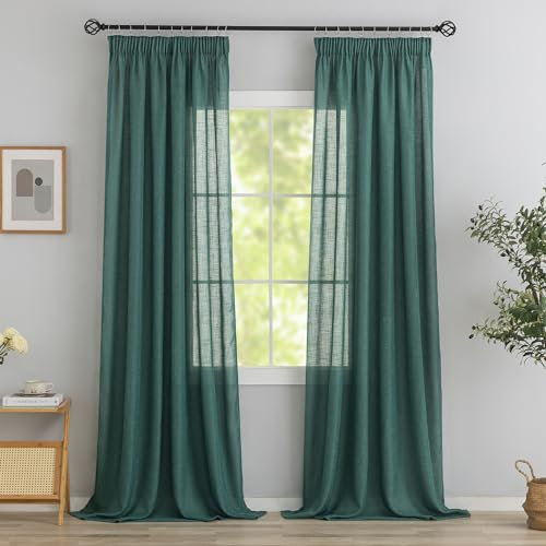VOILYBIRD 2er Set Leinen Mischgewebe Vorhänge mit Kräuselband Leinenoptik Gardinen für Schlafzimmer Wohnzimmer (HxB 245 x 140 cm, Dunkelgrün)
